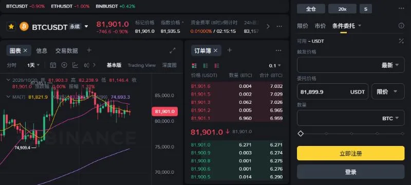 币安 BTCUSDT U本位永续合约交易页：顶部显示最新价、标记价格、指数价格、资金费率(8h)/倒计时，右侧下单面板有全仓、20x 按钮和限价、市价、条件委托页签